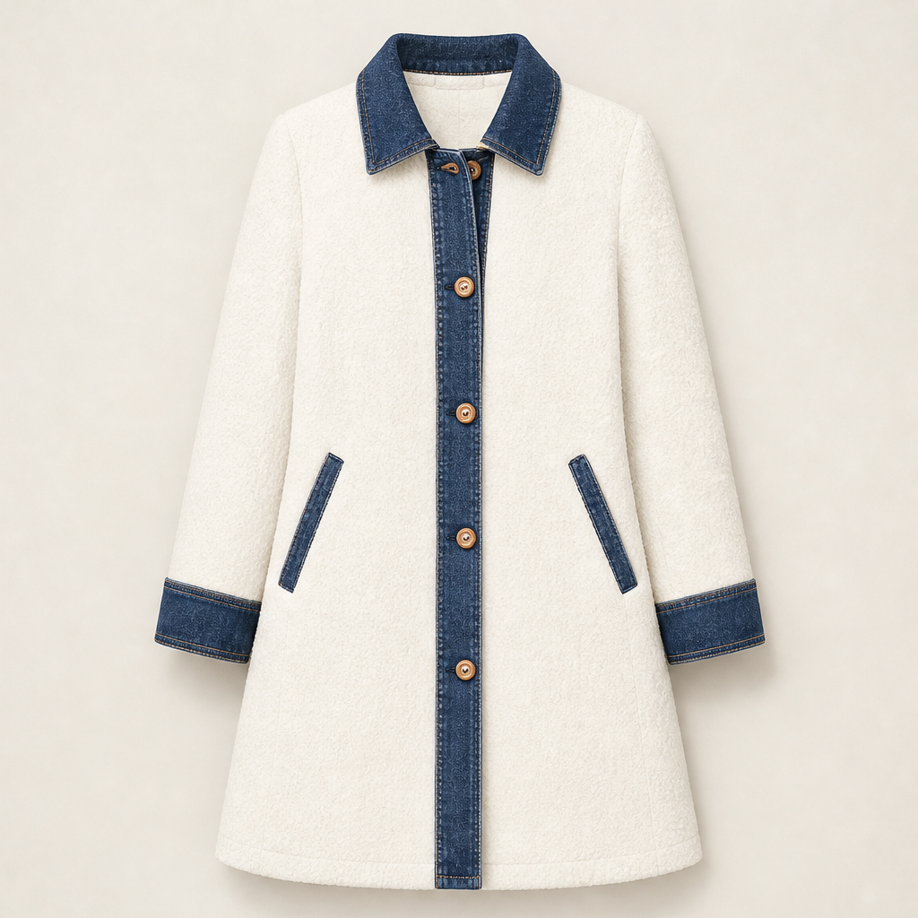 Velmora – Cappotto Midi in Pile Patchwork Denim Beige