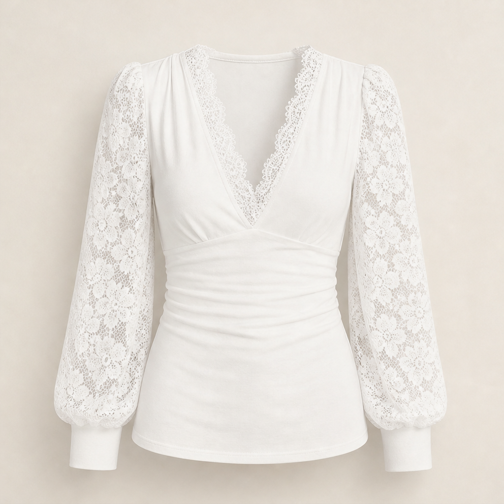 Velmora – Top in Pizzo con Scollo a V e Maniche a Palloncino White