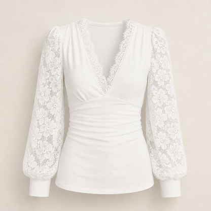 Velmora – Top in Pizzo con Scollo a V e Maniche a Palloncino White