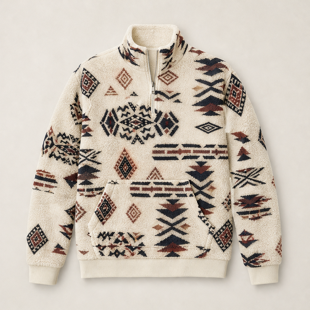 Varnecio – Felpa in Pile con Mezza Zip e Stampa Geometrica Beige