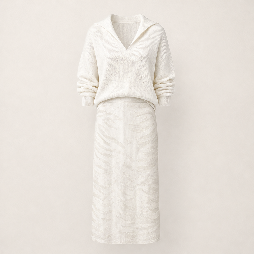 Savenza – Maglia con Colletto e Gonna Midi Zebrata, Set Due Pezzi White