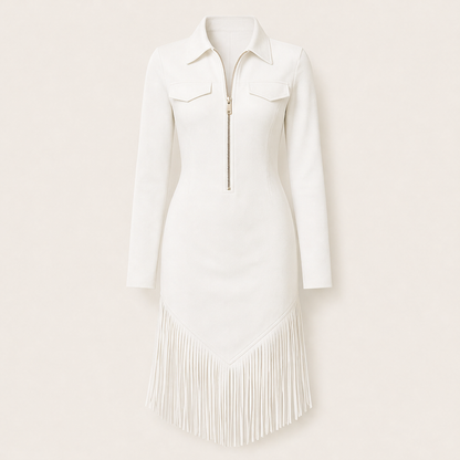 Voranza – Abito Midi Western con Frange e Zip White