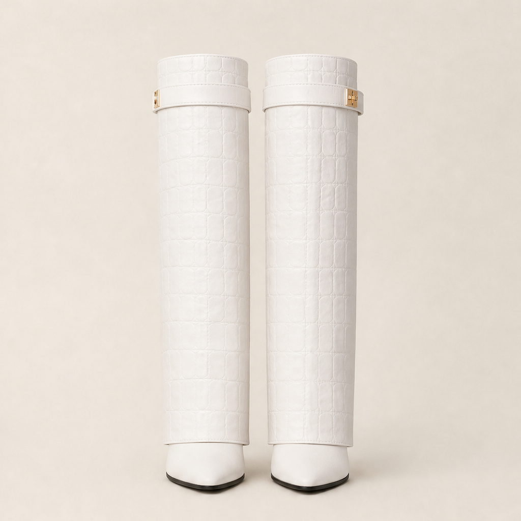 Coccara – Stivali Alti in Pelle Effetto Coccodrillo White