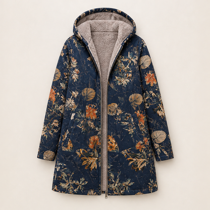 Folarne – Cappotto con Cappuccio Stampa Foglie Navy