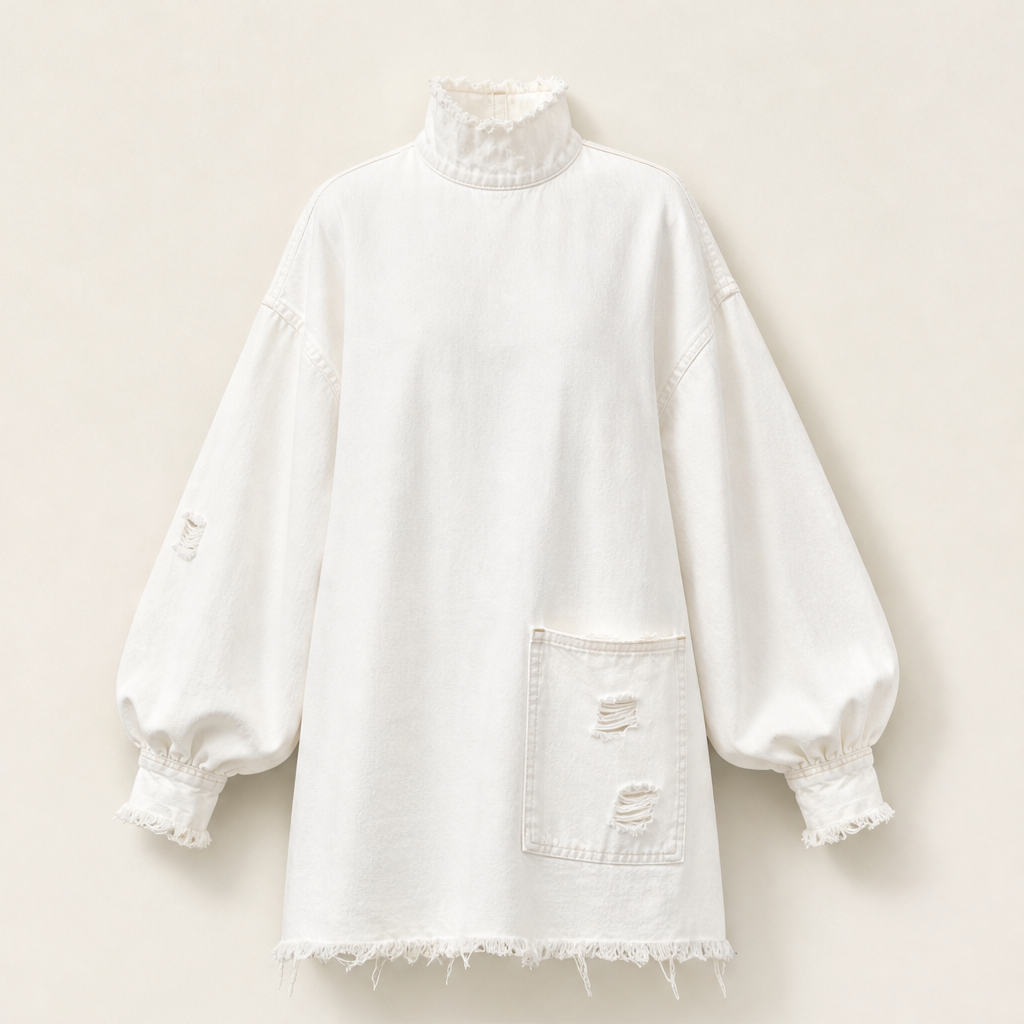Verano – Minivestito di Denim Oversize con Collo Alto White