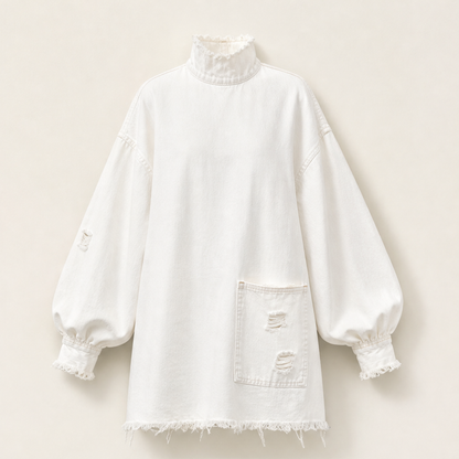 Verano – Minivestito di Denim Oversize con Collo Alto White