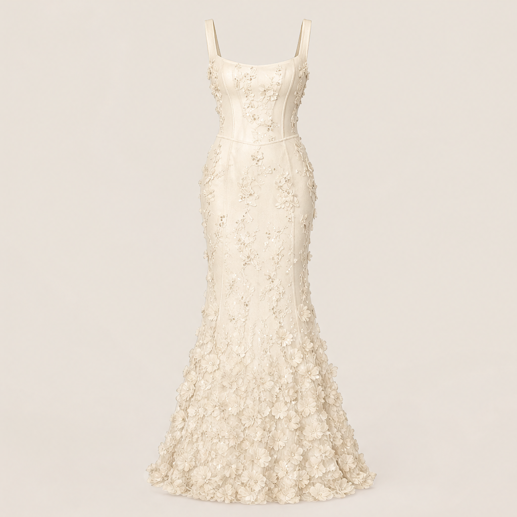 Velmora – Abito Lungo Corset Sirena Applicazioni Ivory