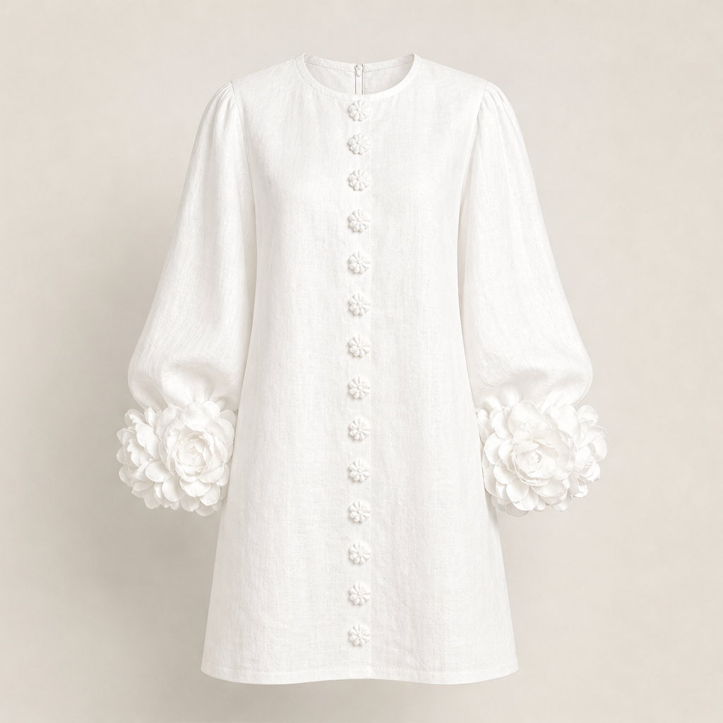 Fioralia – Mini Abito in Lino con Polsini Floreali White