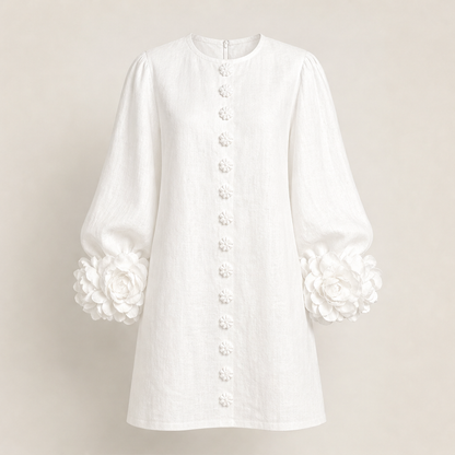 Fioralia – Mini Abito in Lino con Polsini Floreali White
