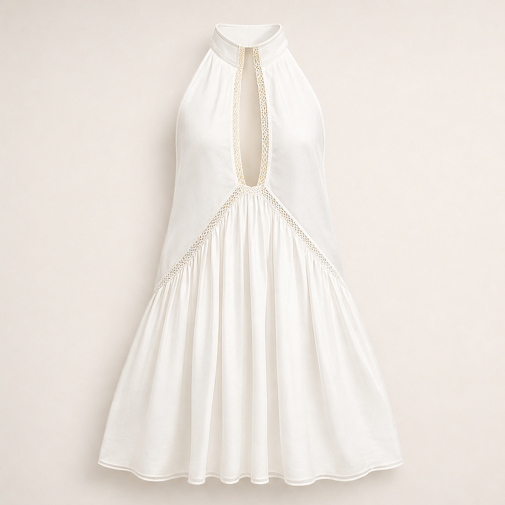 Marigold Miniabito Donna Senza Maniche con Scollo a V Profondo e Bordo in Pizzo - Abito Estivo Fluido con Collo all'Americana Bianco
