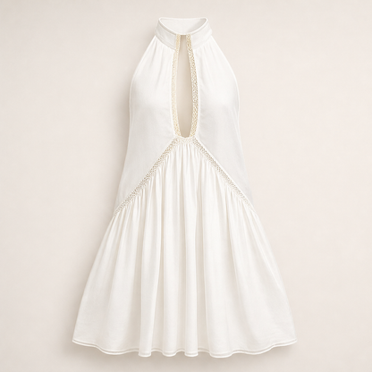 Marigold Miniabito Donna Senza Maniche con Scollo a V Profondo e Bordo in Pizzo - Abito Estivo Fluido con Collo all'Americana Bianco