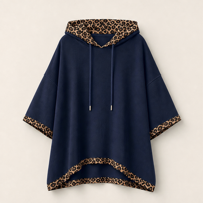 Felinora – Felpa con Cappuccio Bordo Leopardato Navy