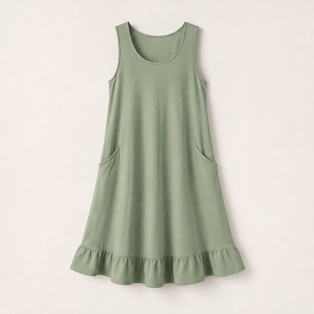 Marielle Abito Midi Donna Senza Maniche con Orlo a Volant e Doppie Tasche Frontali - Abito Estivo Casual in Misto Cotone Verde Salvia
