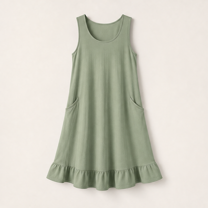 Marielle Abito Midi Donna Senza Maniche con Orlo a Volant e Doppie Tasche Frontali - Abito Estivo Casual in Misto Cotone Verde Salvia