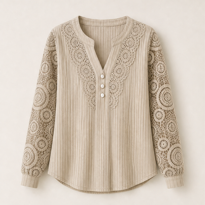 Lorenza – Blusa in Pizzo Patchwork Scollo a V Khaki