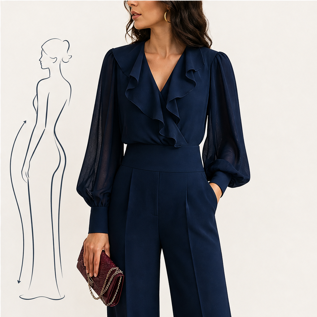 Adeline Women's Ruffled V-Neck Chiffon Top and Wide Leg Trousers Two Piece Set features