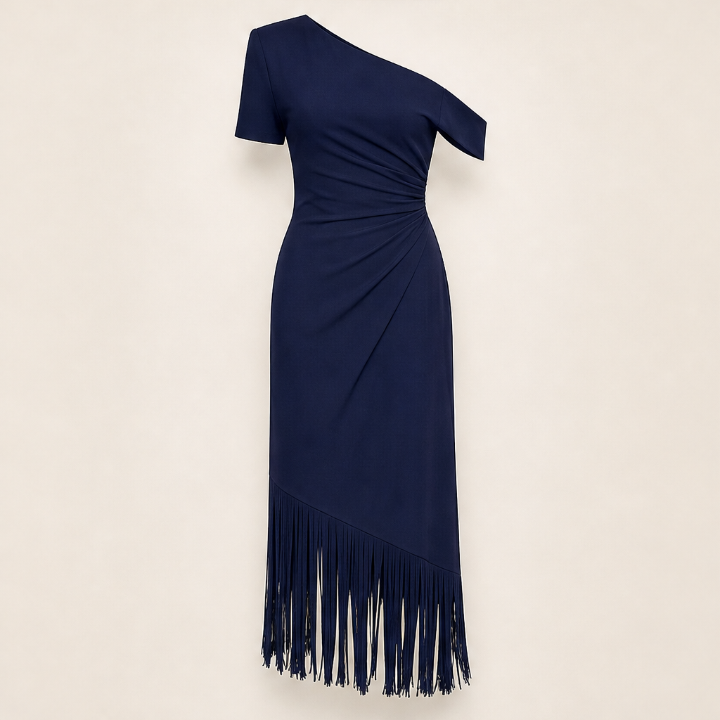 Velmira – Abito Midi Monospalla con Frange Navy