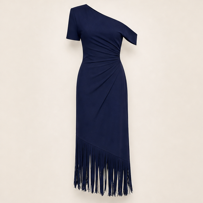Velmira – Abito Midi Monospalla con Frange Navy