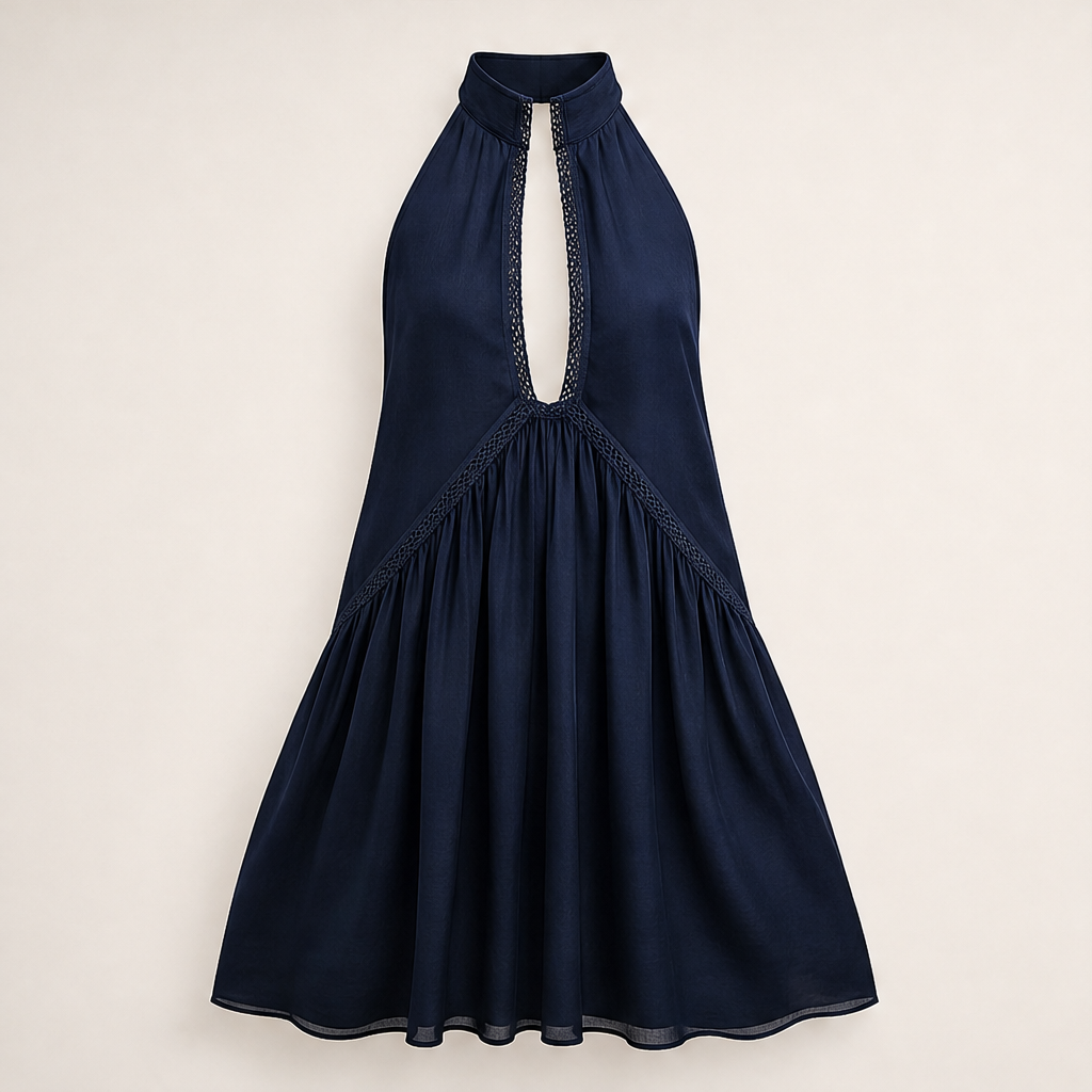 Marigold Miniabito Donna Senza Maniche con Scollo a V Profondo e Bordo in Pizzo - Abito Estivo Fluido con Collo all'Americana Blu Navy