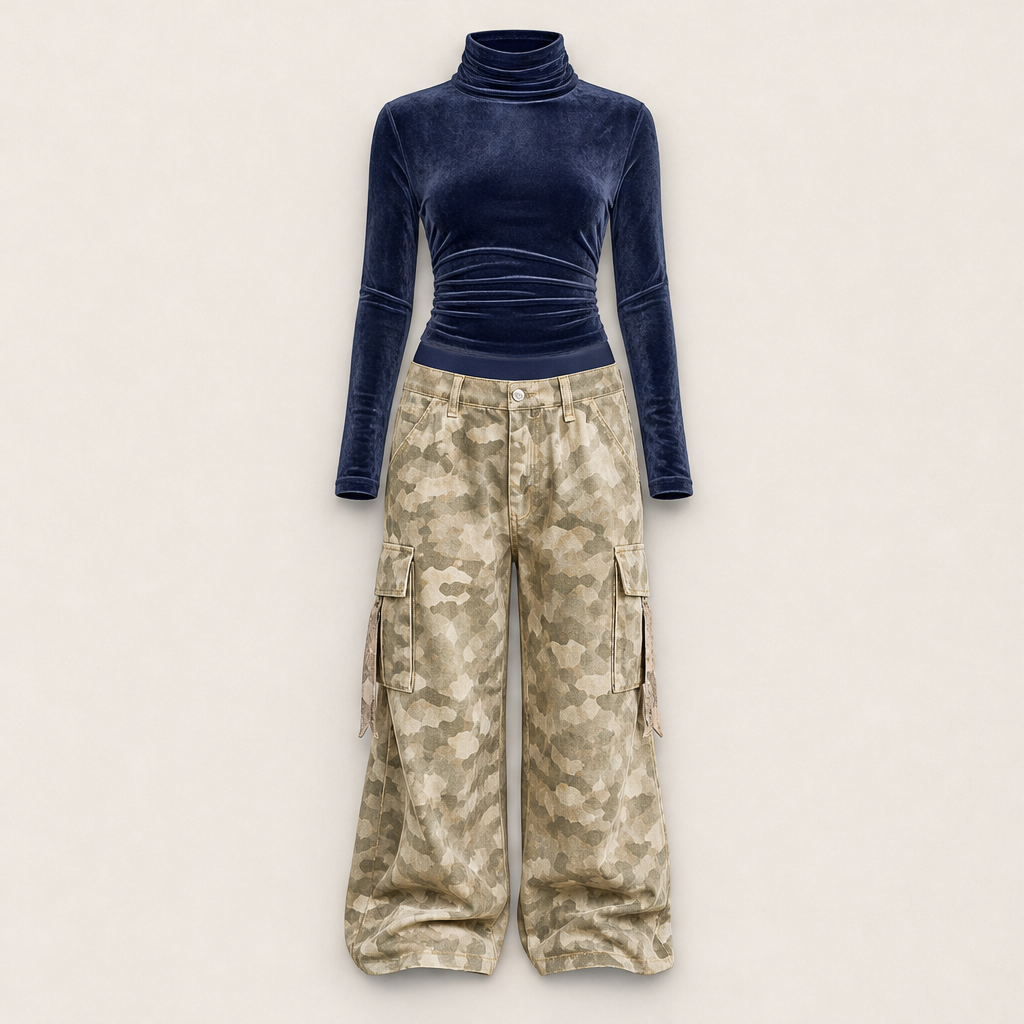 Velmara – Top Vellutato e Pantaloni Cargo Camouflage Navy
