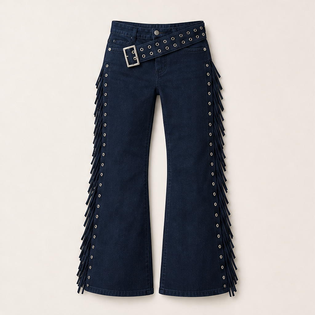 Franzella – Jeans Svasati a Frange Vita Alta Navy
