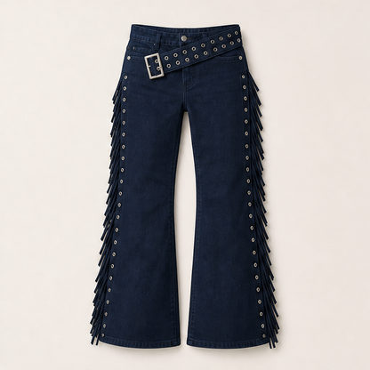 Franzella – Jeans Svasati a Frange Vita Alta Navy