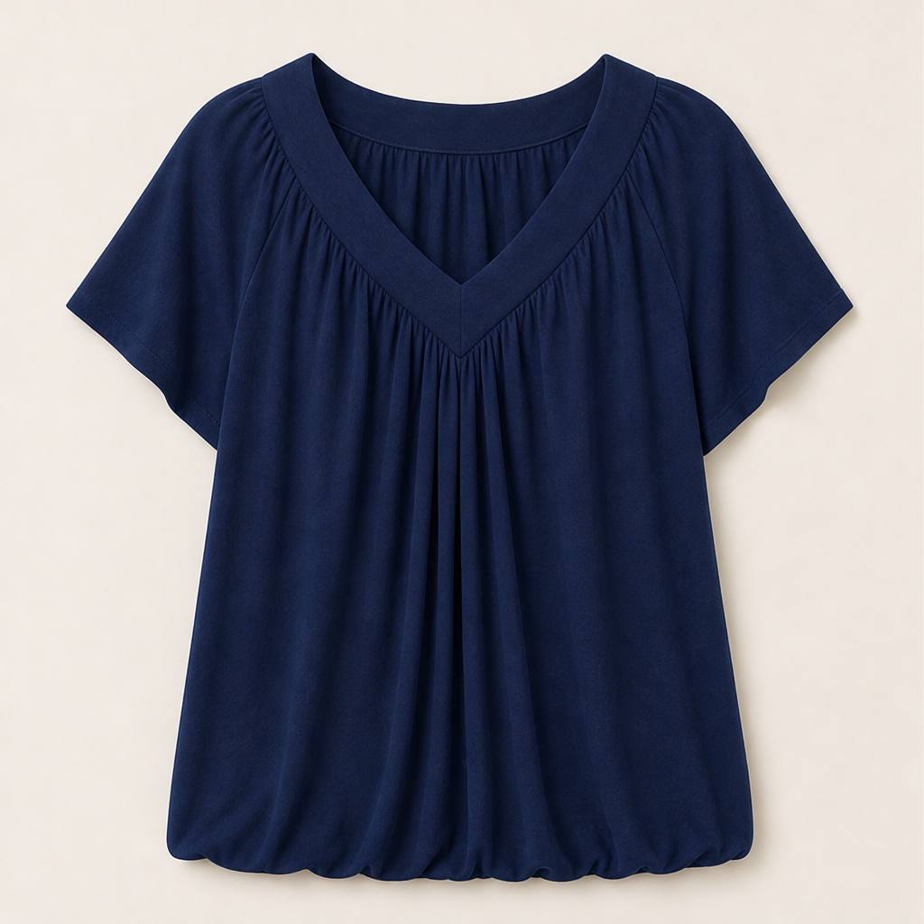 Velmora – Top Plissé Scollo a V Maniche Corte Navy