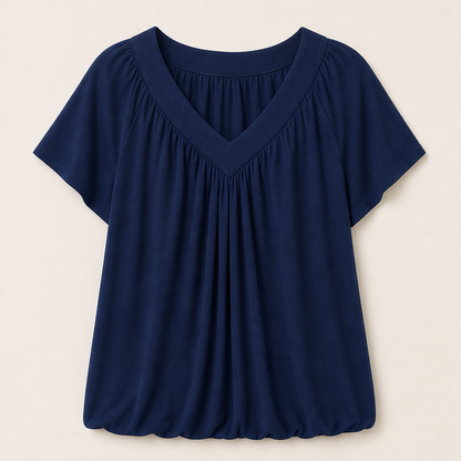 Velmora – Top Plissé Scollo a V Maniche Corte Navy