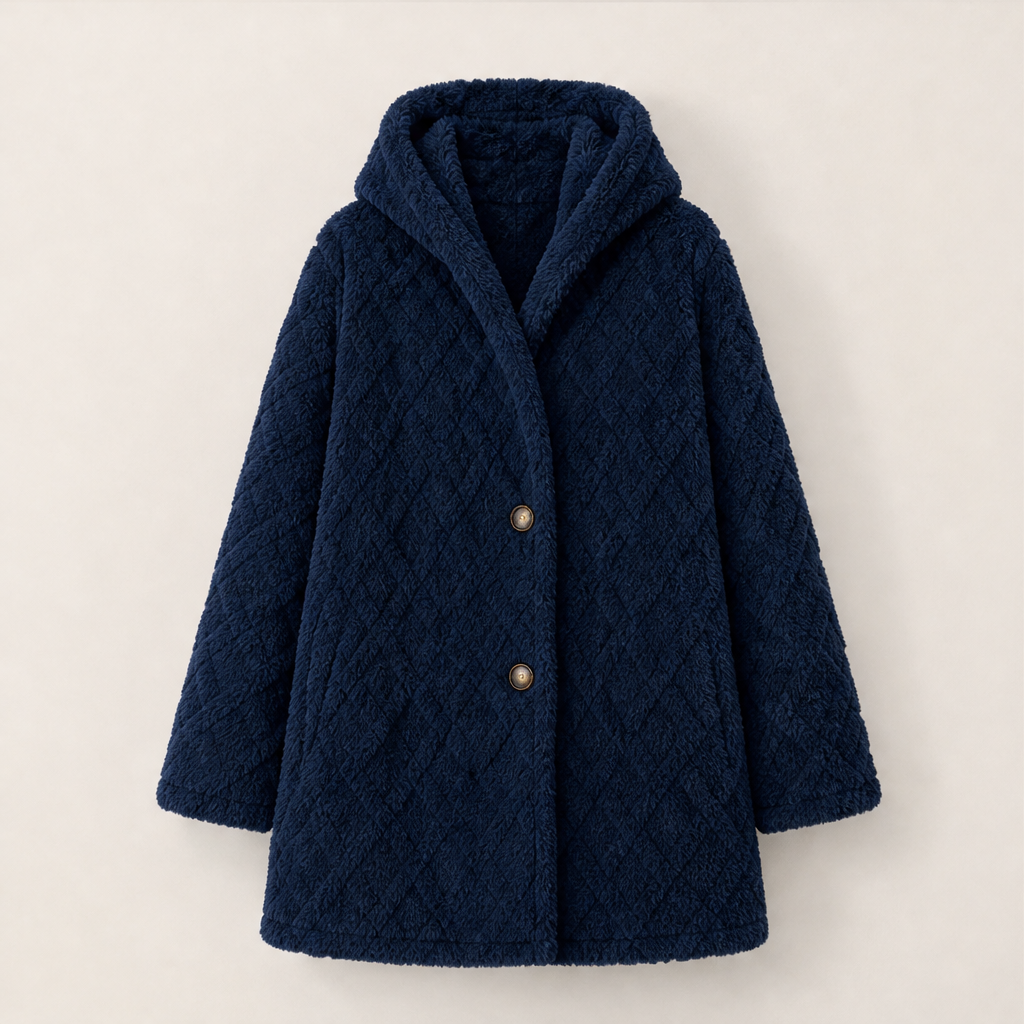 Velania – Giacca Peluche con Cappuccio Motivo a Rombi Navy