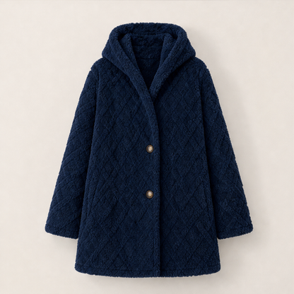 Velania – Giacca Peluche con Cappuccio Motivo a Rombi Navy