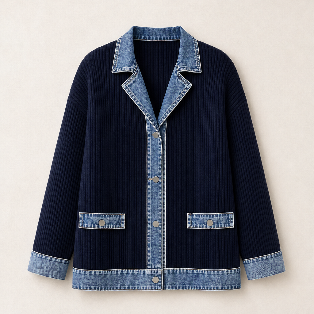 Venzola – Cardigan in Maglia con Colletto in Denim Navy