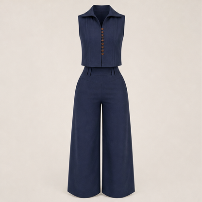 Velinora – Completo Smanicato con Pantaloni Ampi Navy
