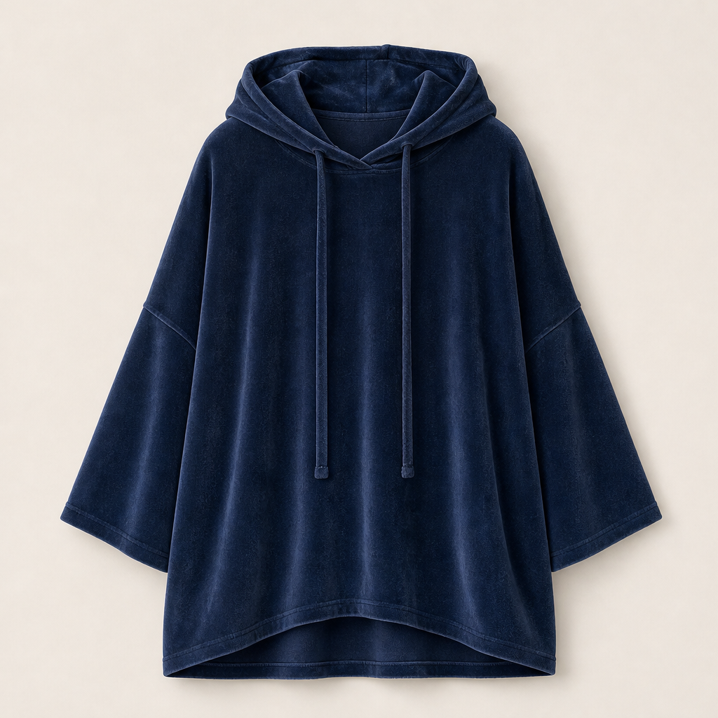 Velvora – Felpa con Cappuccio Spalle Scese in Velluto Navy