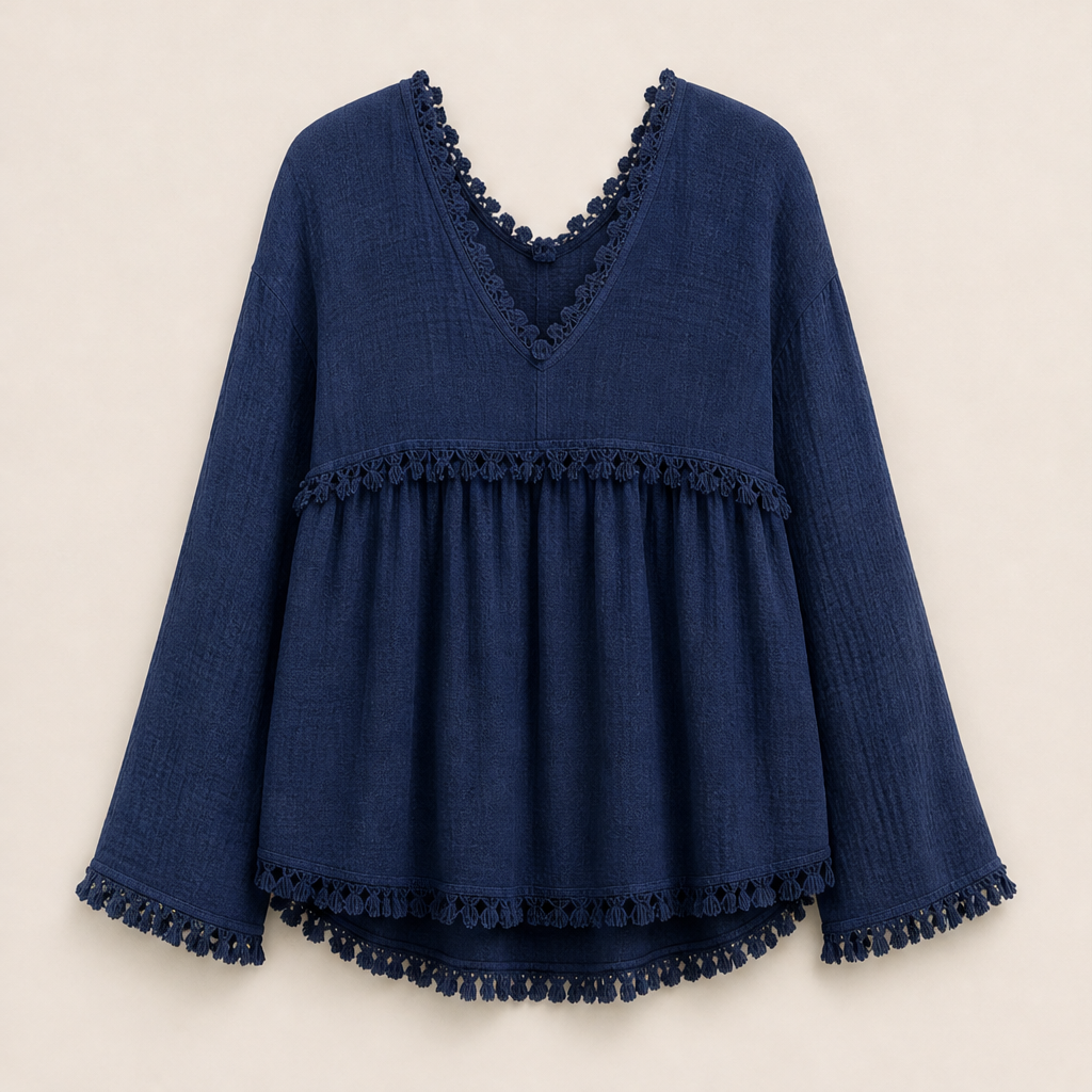 Taverosa – Blusa Babydoll con Frange e Scollo a V Navy