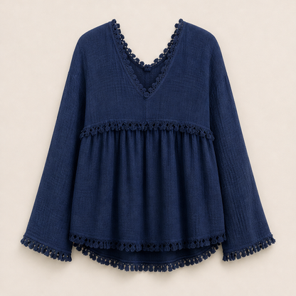Taverosa – Blusa Babydoll con Frange e Scollo a V Navy
