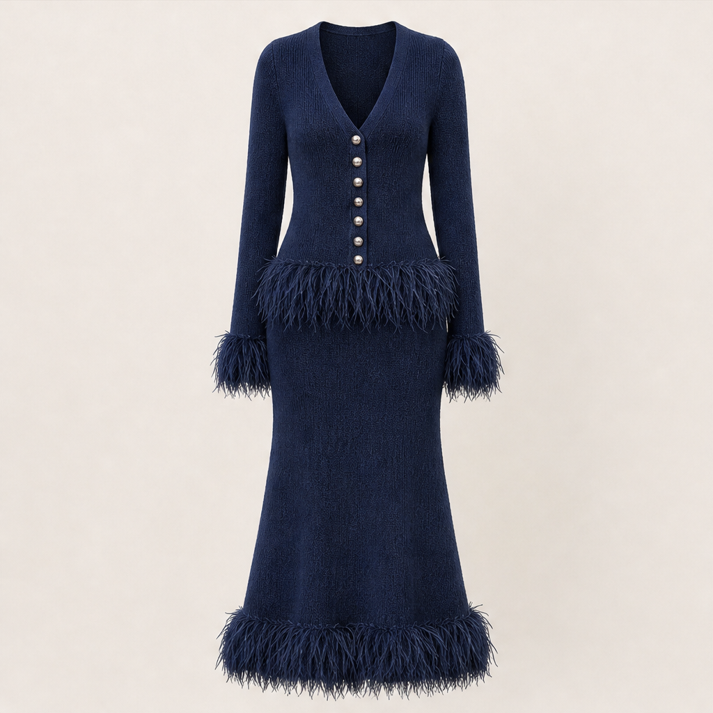 Piumetta – Completo Gonna in Maglia con Frange di Piume Navy