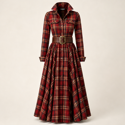 Chavelle – Abito Scozzese Plissé con Cintura in Pelle Red