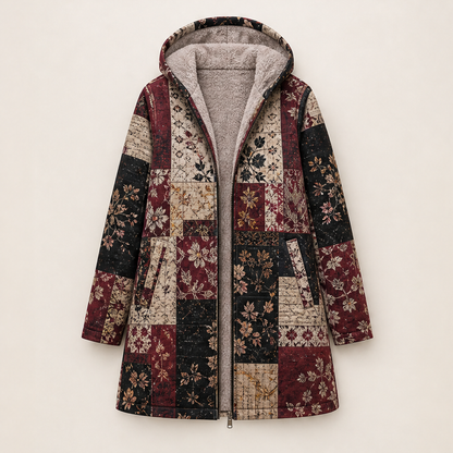 Folarne – Cappotto con Cappuccio Stampa Foglie Burgundy