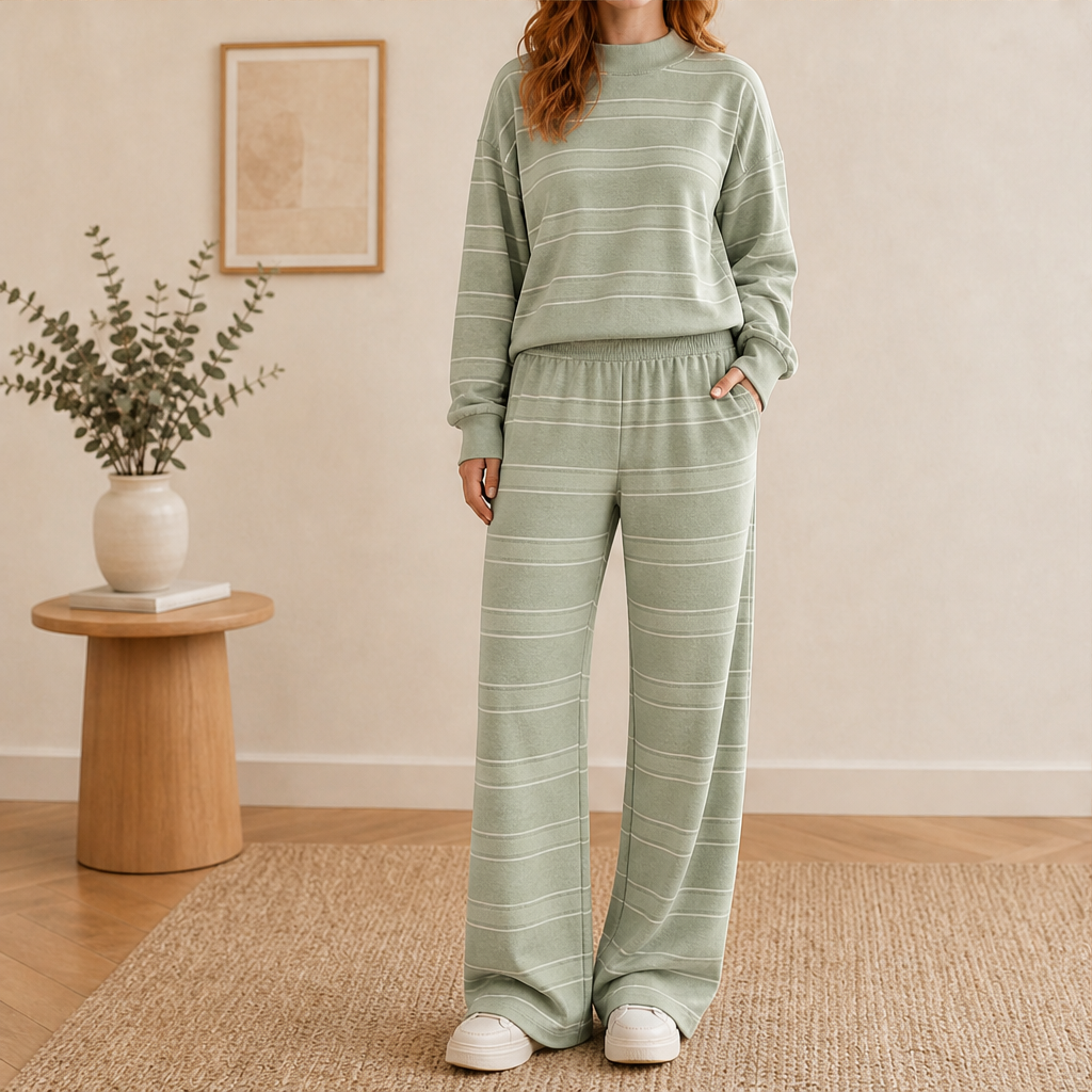 Marielou – Completo a Righe Collo Alto e Pantaloni Larghi Green