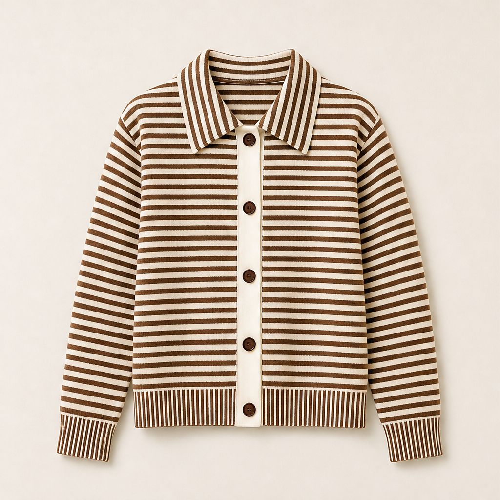 Marielle – Cardigan Girocollo a Righe in Maglia Brown