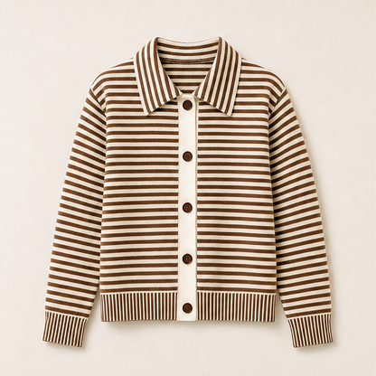 Marielle – Cardigan Girocollo a Righe in Maglia Brown