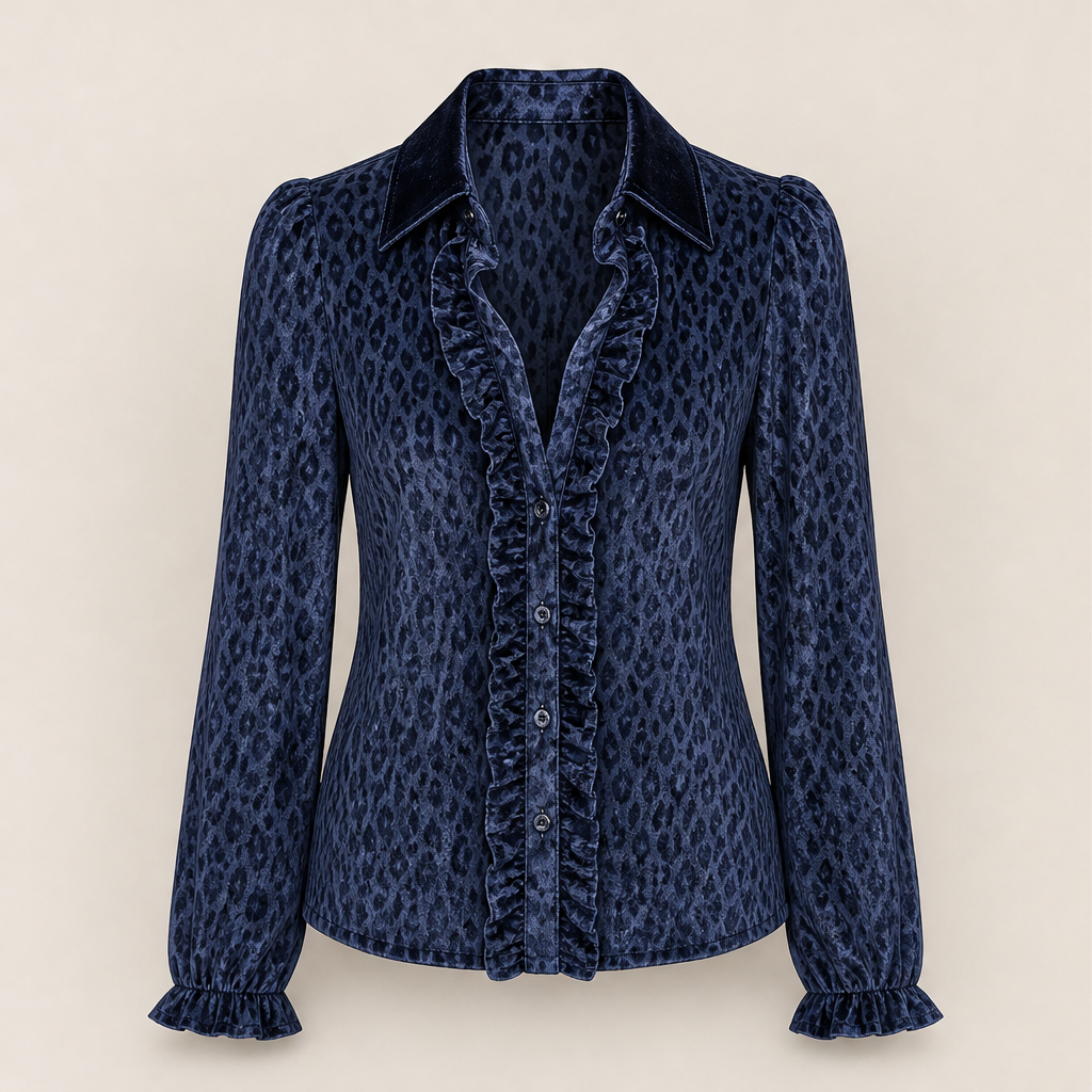 Velarosa – Camicia in Velluto Leopardata con Rouches Navy