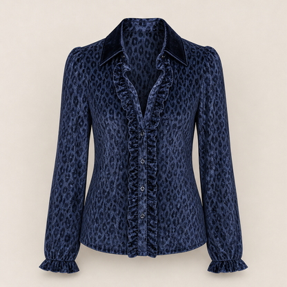 Velarosa – Camicia in Velluto Leopardata con Rouches Navy
