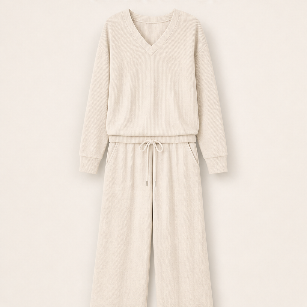 Morvena – Completo Scollo a V in Maglia Beige
