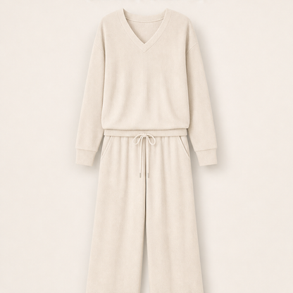 Morvena – Completo Scollo a V in Maglia Beige