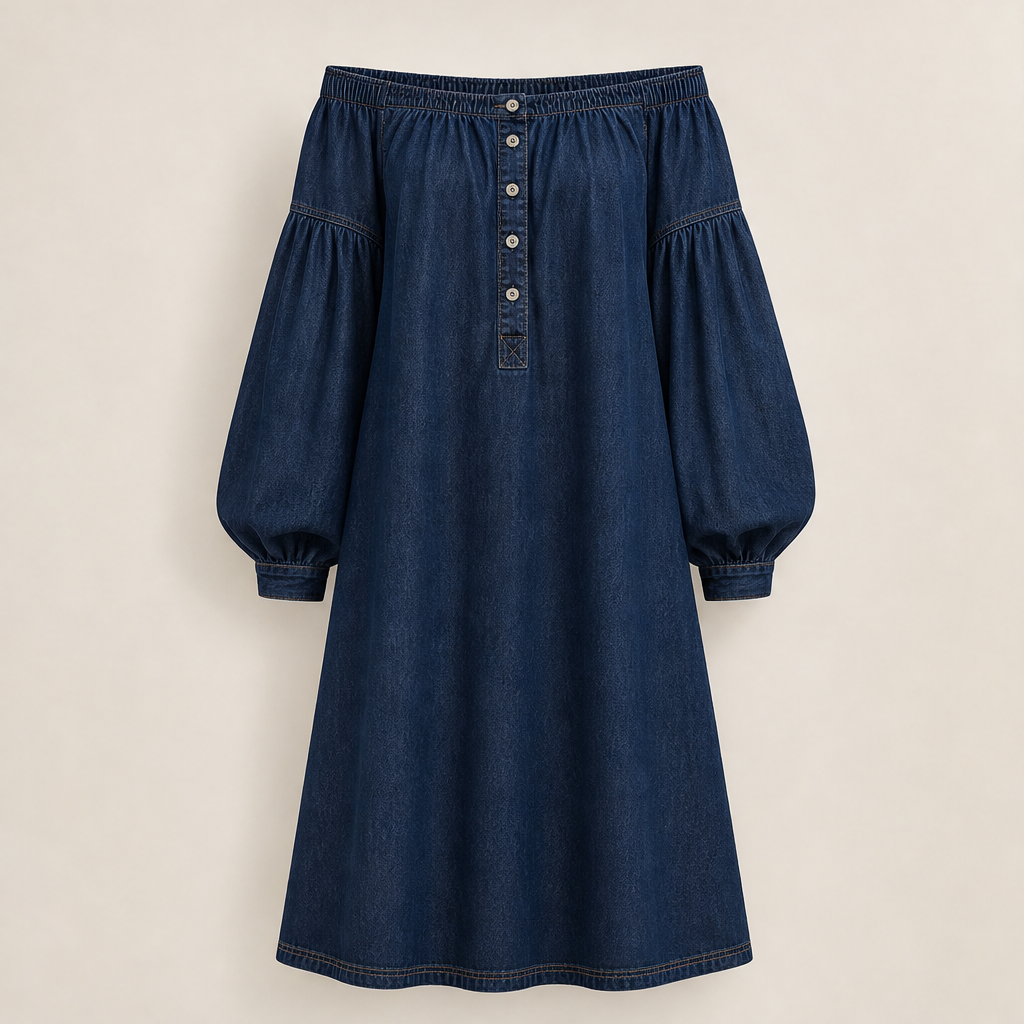 Verana – Abito Denim Spalle Scoperte Maniche a Palloncino Dark Denim