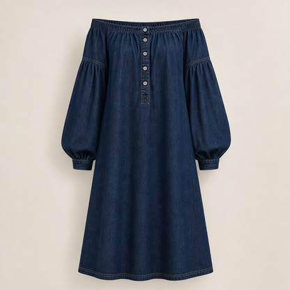 Verana – Abito Denim Spalle Scoperte Maniche a Palloncino Dark Denim
