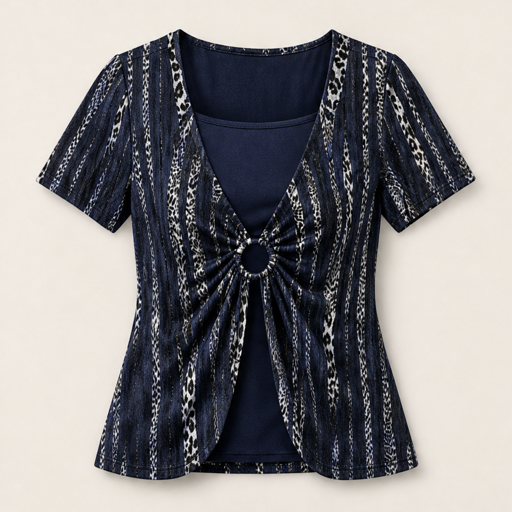 Velmora – T-Shirt Leopardato Effetto Due Pezzi con O-Ring Navy