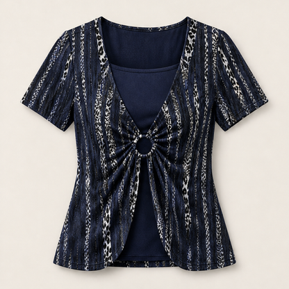 Velmora – T-Shirt Leopardato Effetto Due Pezzi con O-Ring Navy