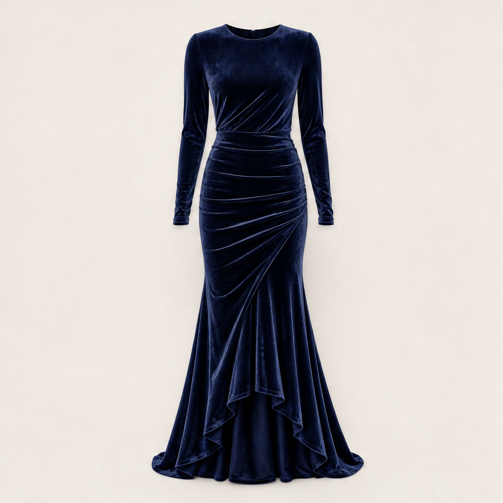 Velmara – Abito Lungo in Velluto Sirena Navy